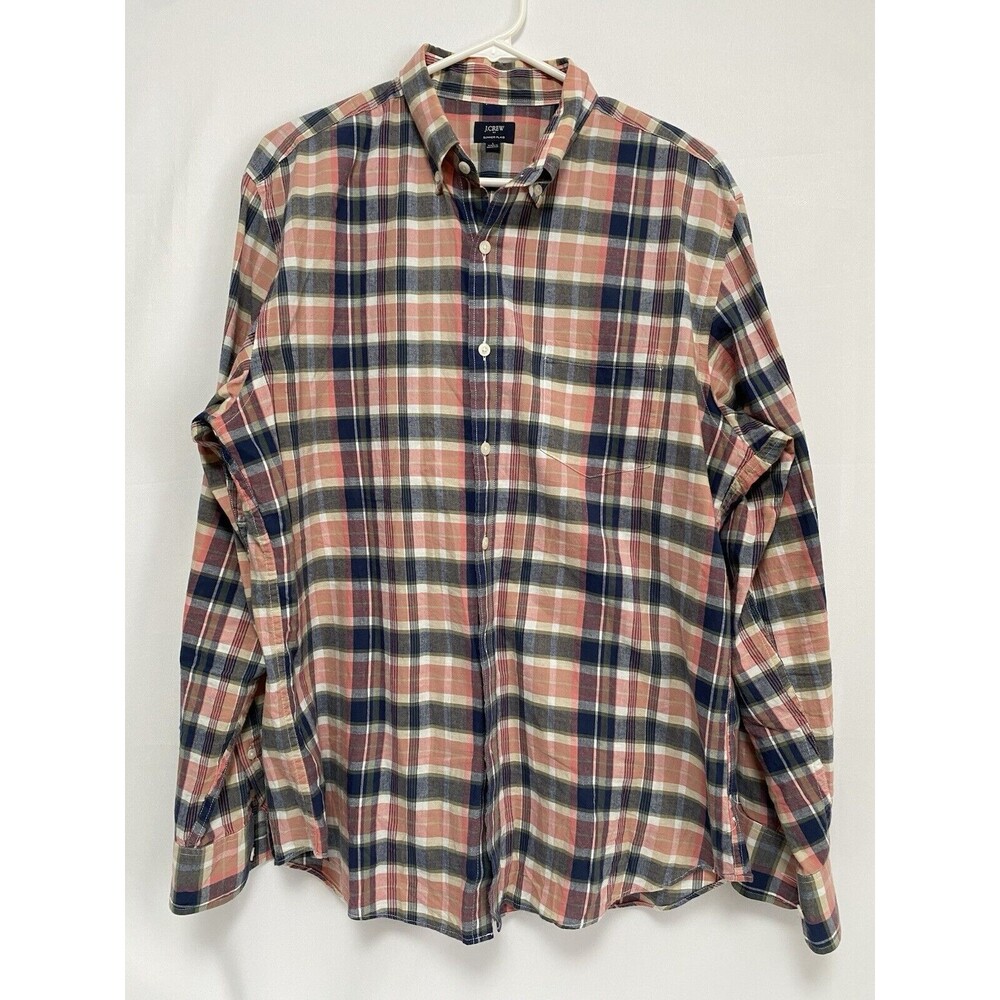 J Crew Men Summer Plaid Pink Blue Tan Long Sleeve Button Up‎ Shirt L 100% Cotton